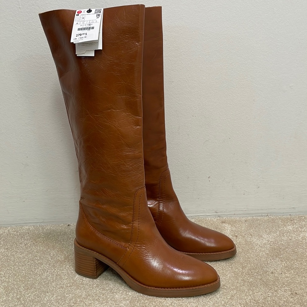 Zara NWT brown leather flat knee high boots 9